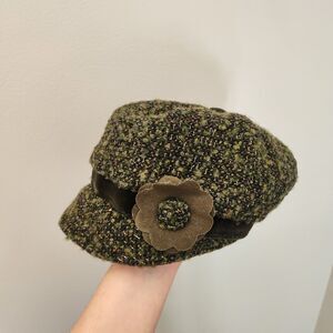 Vtg 90s/Early 2000s Green Firenze Womens Italian Wool Blend Floral Newsboy Hat